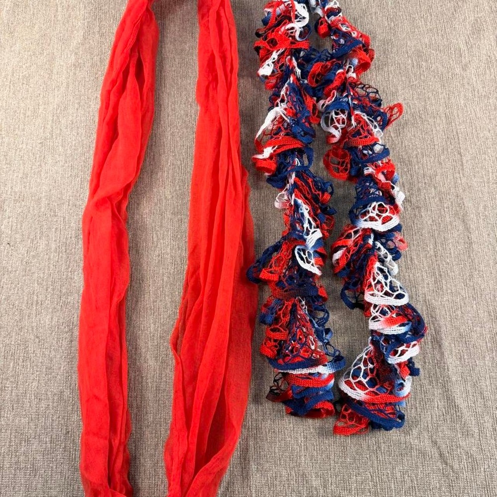 Women Red Sheer Infinity Scarf & Patriotic Ruffle Knit Scarf Lot 2 Piece Set